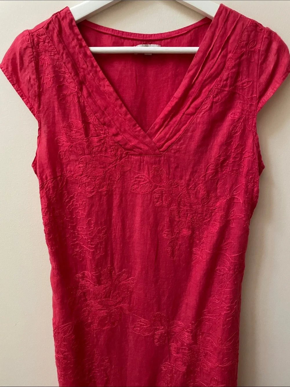 Linen V-Neck Embroidered Cap-Sleeve Dress - Picture 3 of 9